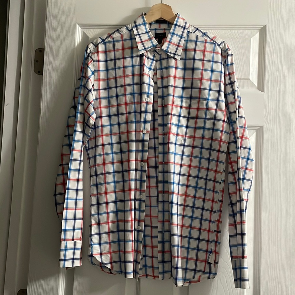 Plaid red and blue button up j crew shirt